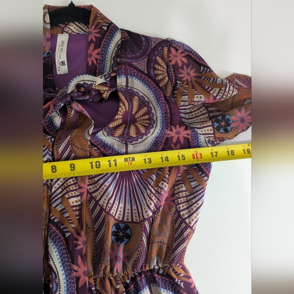 Pink Owl Boho Retro Sheer Dress Purple Geometric Print Tie Neck Bow Size s - Picture 7 of 8